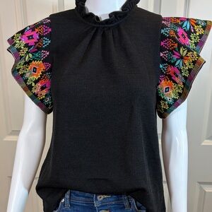 Embroidered Black Top with Colorful Sleeves